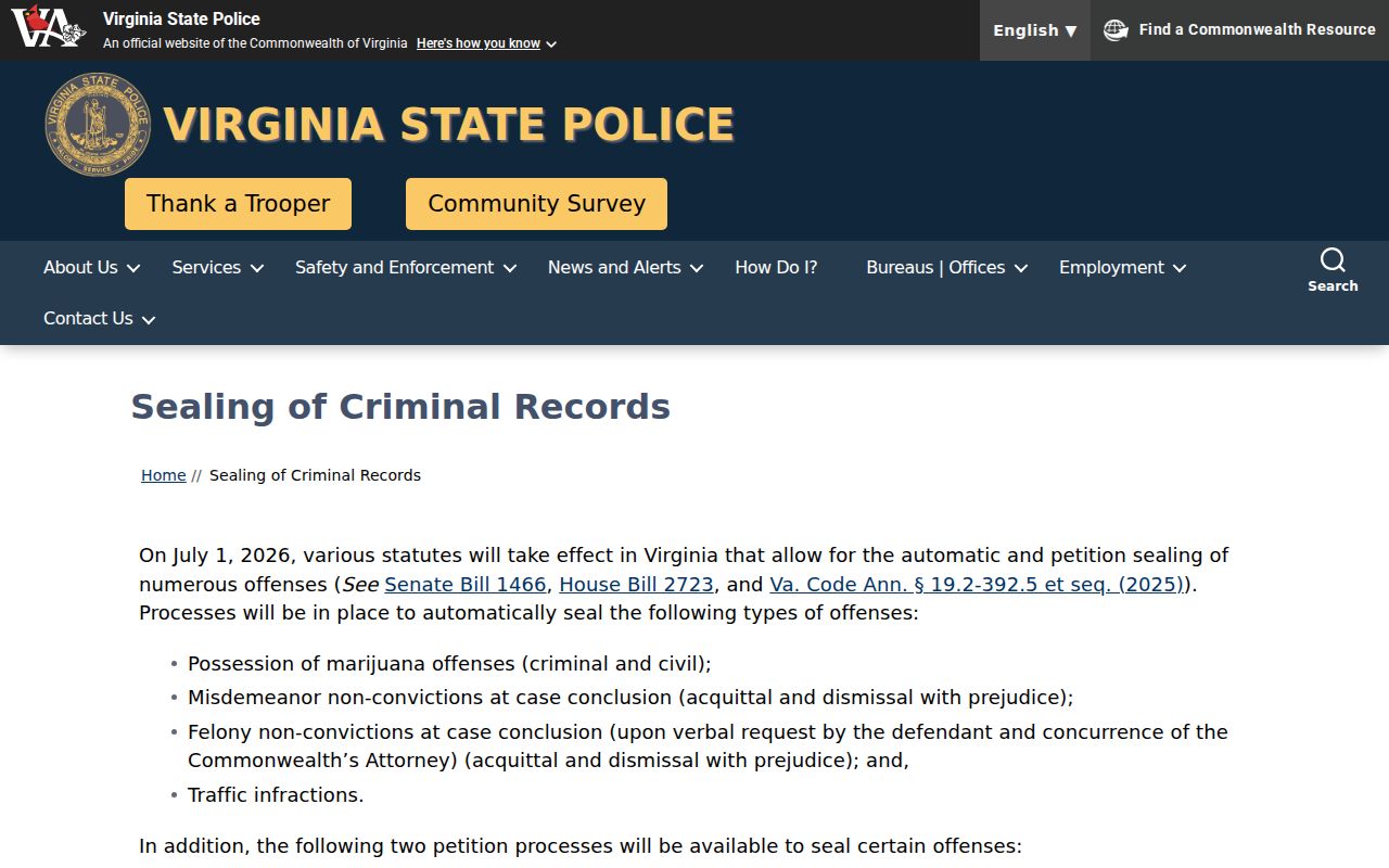 Brunswick County criminal record sealing information from Virginia State Police