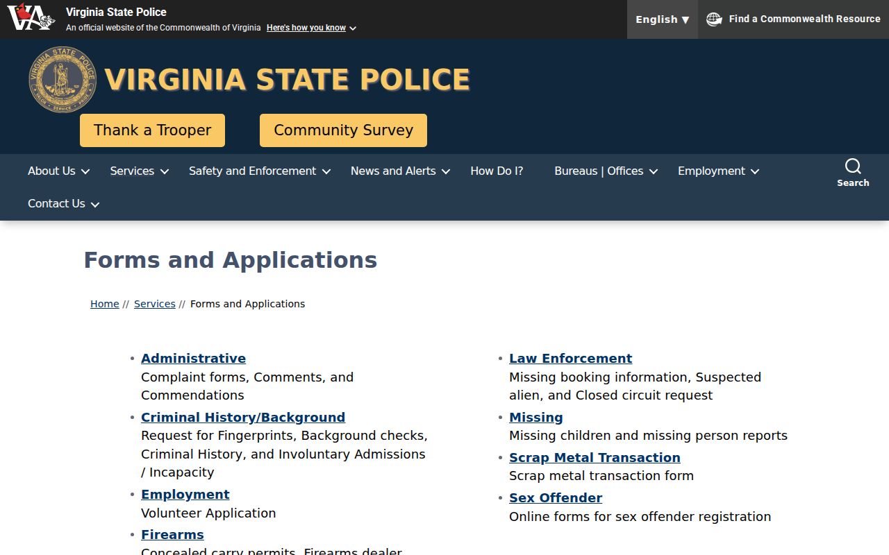 Brunswick County criminal records Virginia State Police forms